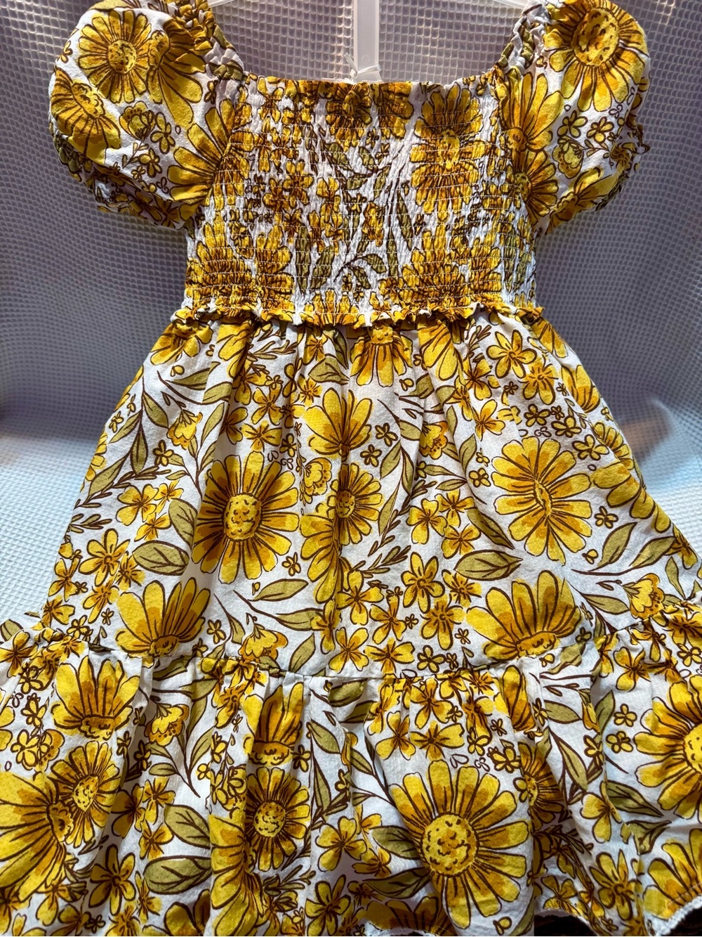 Smocked Yellow Floral Puff-Sleeve Dress for Girls